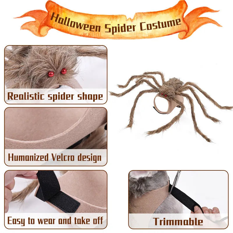 Grey, brown, and black and purple spider Halloween costume for a dog or cat on a mannequin.