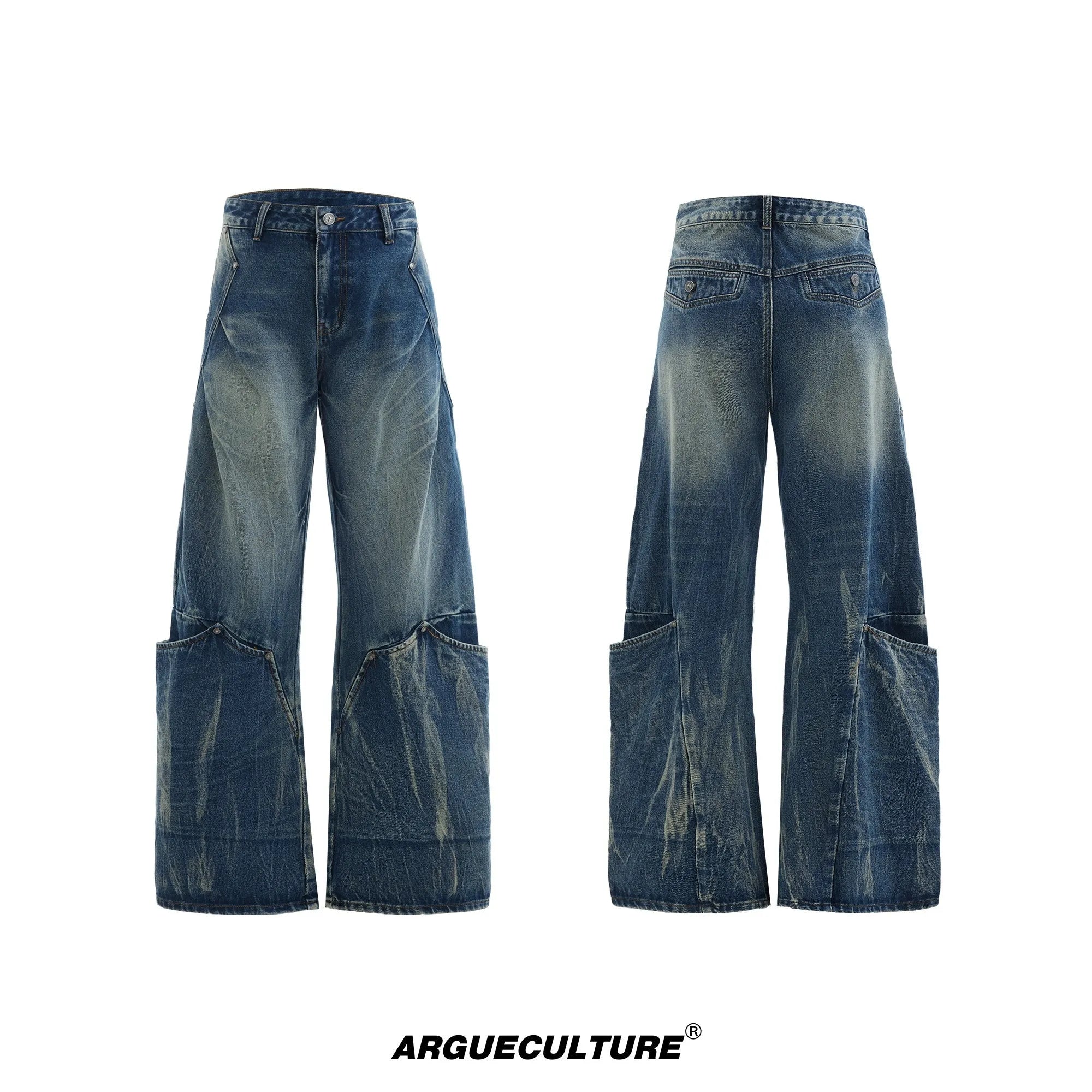 Men's verdant blue retro jeans with washed burst pattern and curved knife detailing