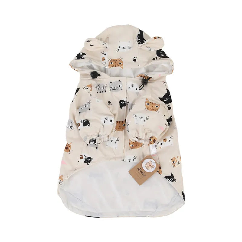 Beige cartoon pattern dog raincoat with double waterproof coating in sizes from small to extra-extra-large
