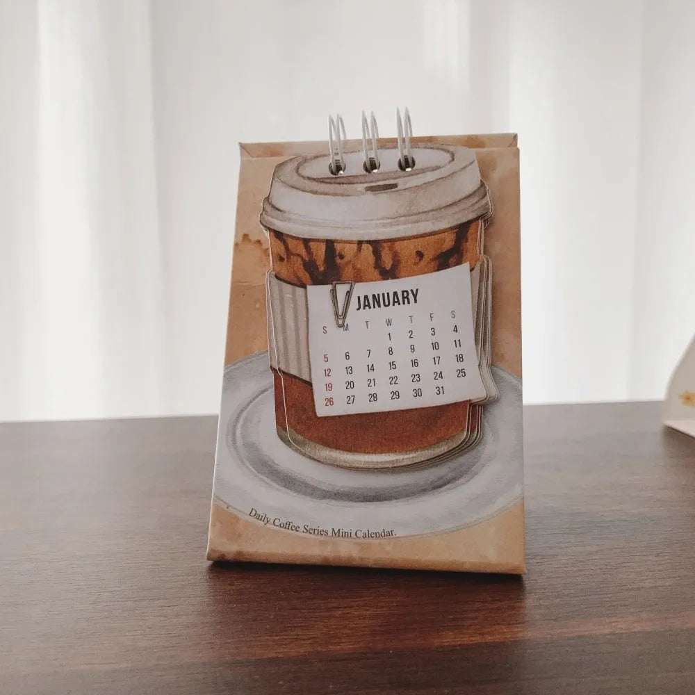 Mini paper desk calendar for 2025 with coffee theme and simple modern design