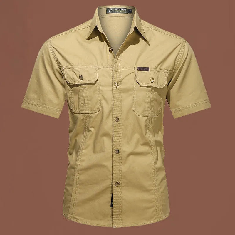 Men's short sleeve cotton work shirt in army green with loose fit design