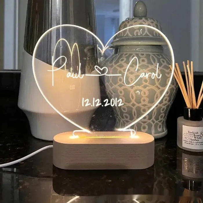 Custom personalised night light with names and date for Valentine's Day anniversary gift