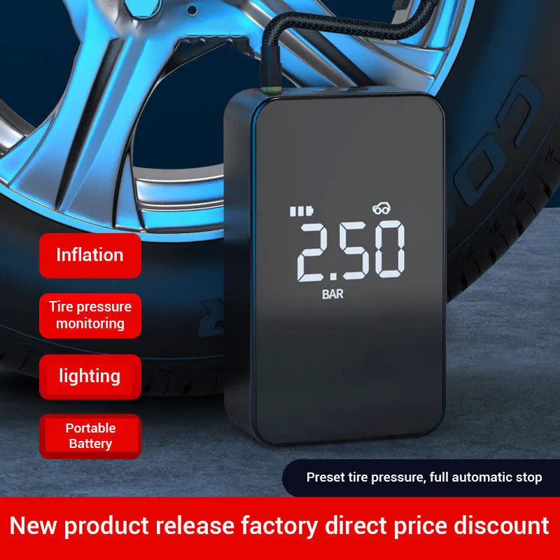 Wireless digital display tyre inflator pump with LED light showing pressure reading on screen