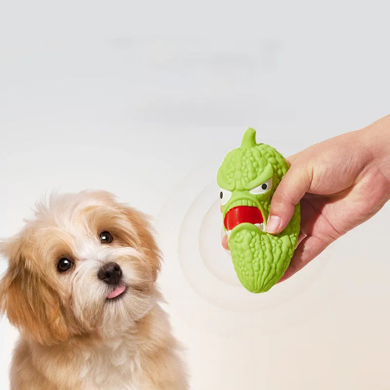 Vegetable-shaped dog chew toy in bitter melon and chili pepper designs with textured surfaces for dental cleaning