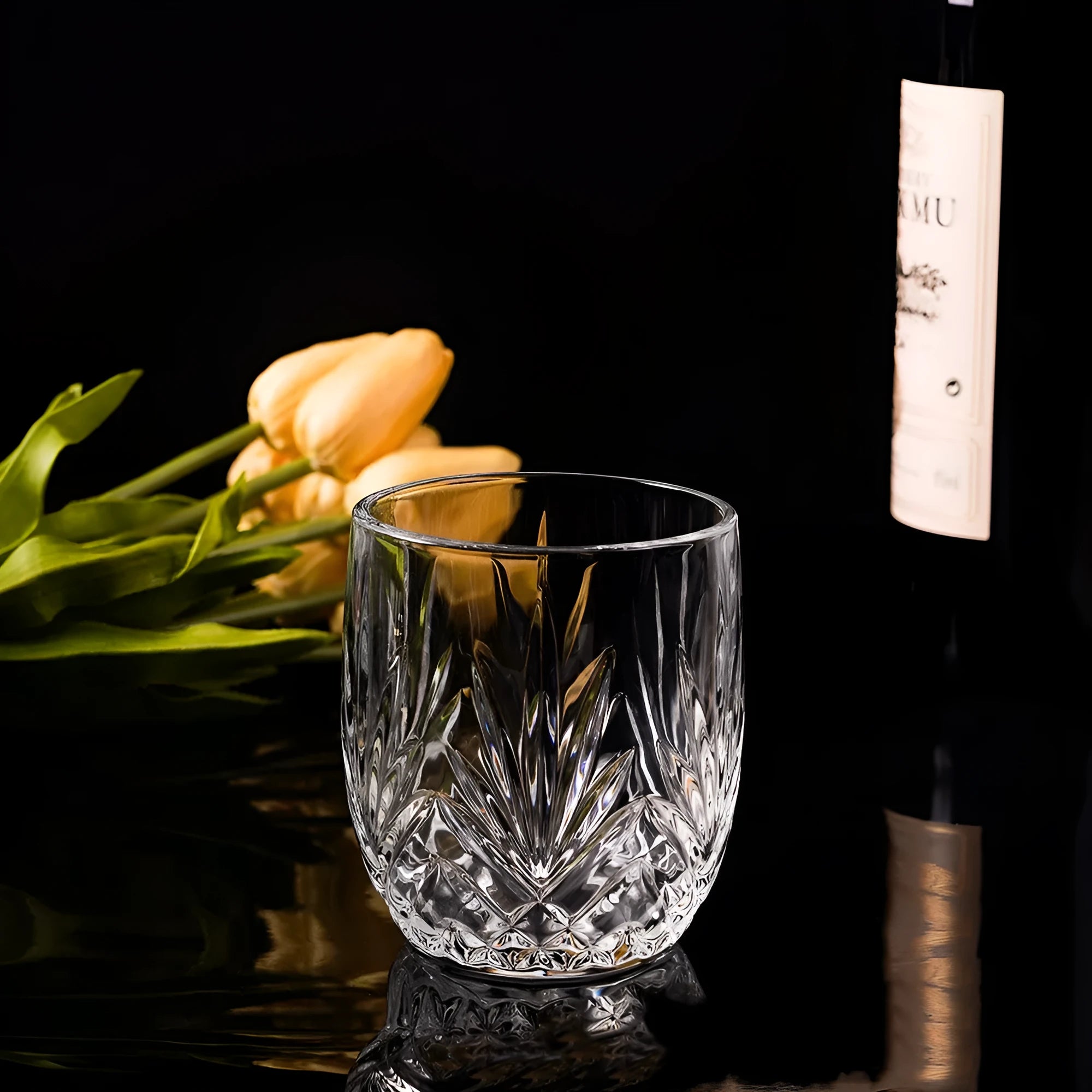 Whiskey shot glass with thick bottom crystal construction in multiple colour options