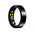 Black ceramic smart ring for heart rate and blood oxygen monitoring on a finger