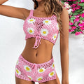 Women's floral pattern swimsuit bikini set in light green hollow yarn acrylic fabric