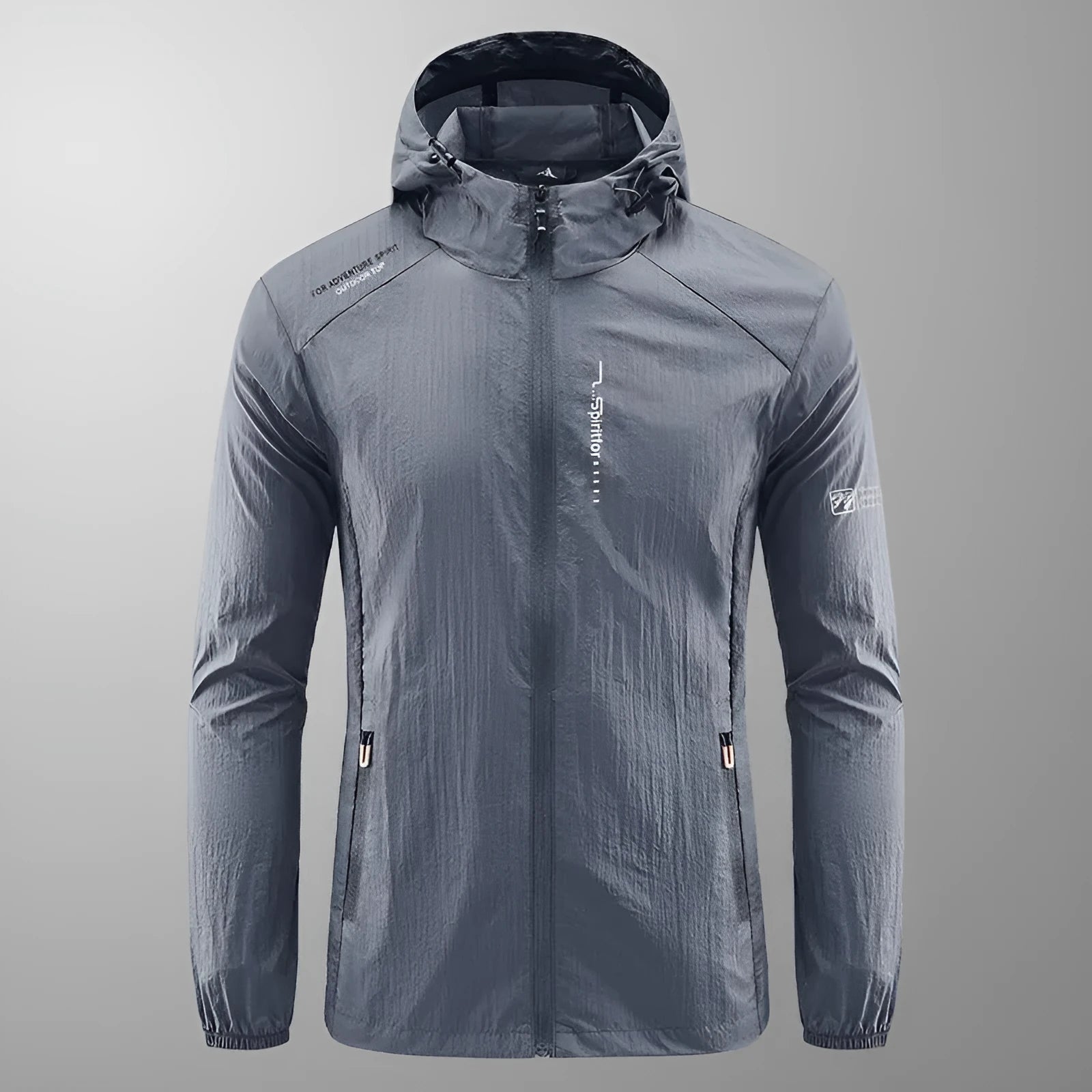 Men's thin nylon hooded summer top in light grey on a hanger