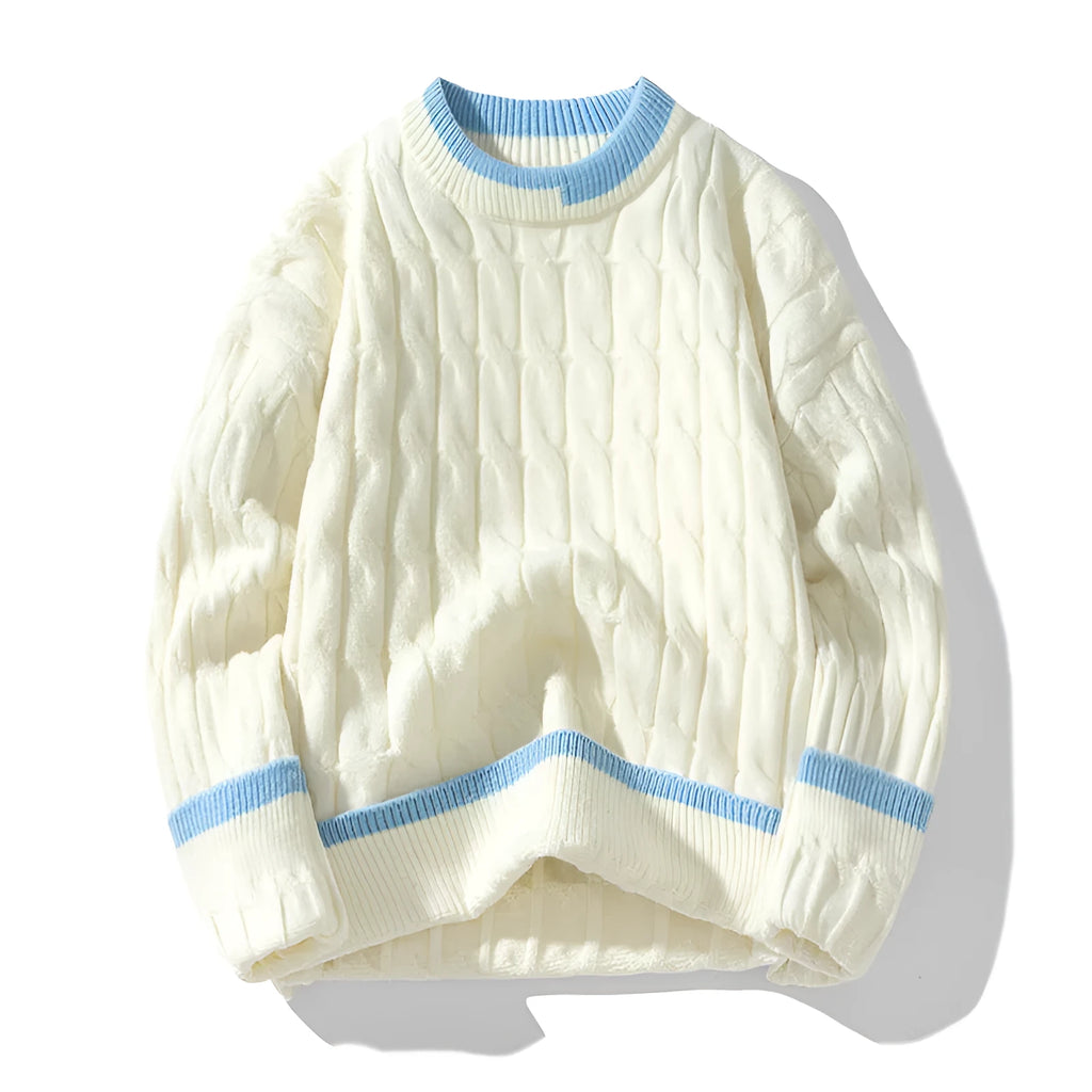 Men's loose-fit long sleeve pullover sweater in a modal acrylic blend, shown in light blue.