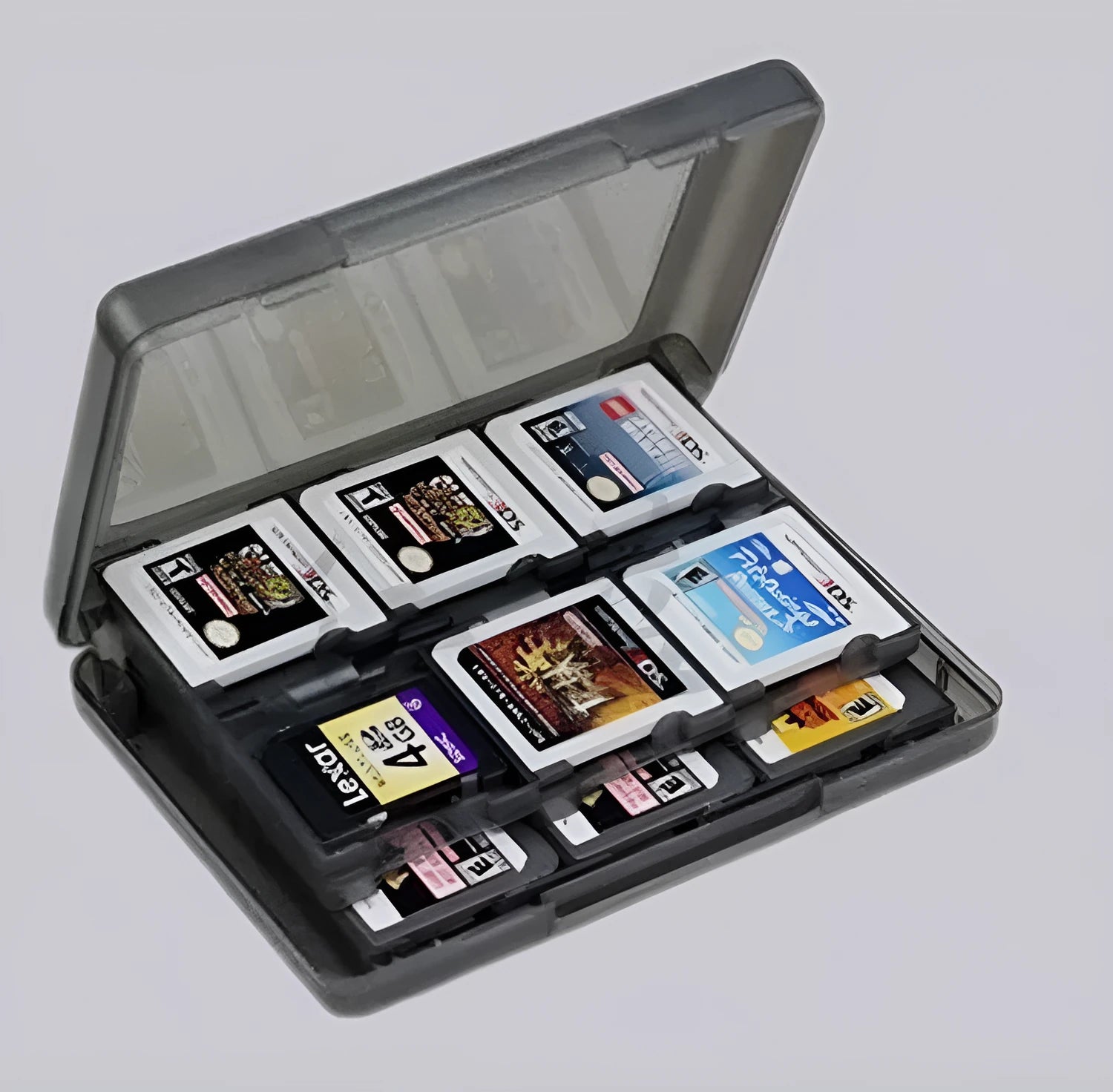 NDS 3DS game card storage box holding multiple game cartridges, shown in blue colour.
