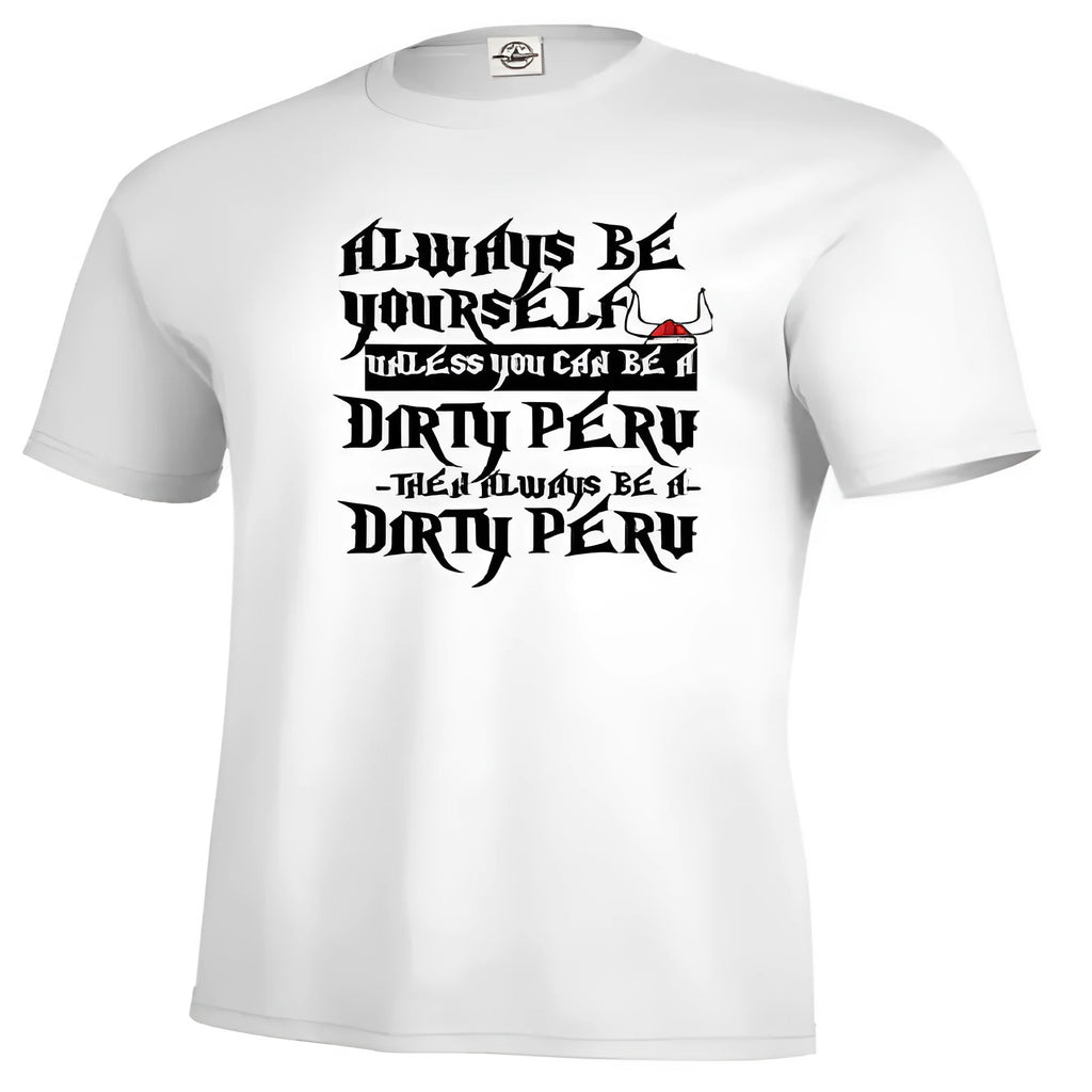 Men's white printed short sleeve t-shirt showing front design with straight fit silhouette