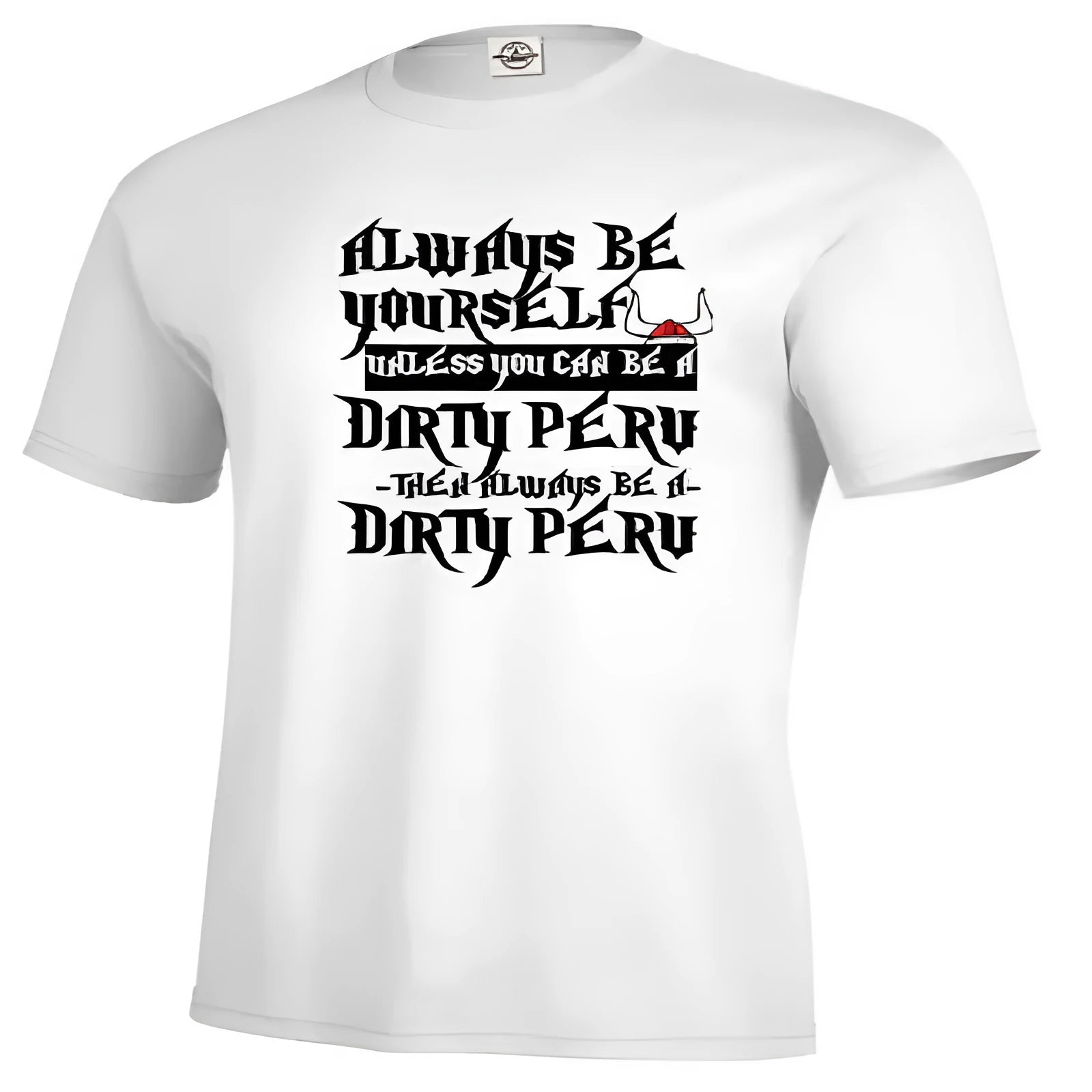 Men's white printed short sleeve t-shirt showing front design with straight fit silhouette
