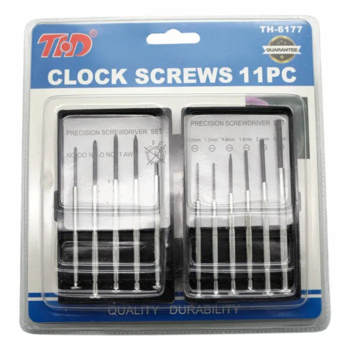 TH-6177 11-piece clock screwdriver set with multiple head types on a workbench.