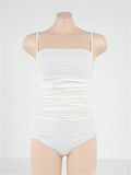 Blue one-piece swimsuit with sling neckline and pleating detail across the belly.