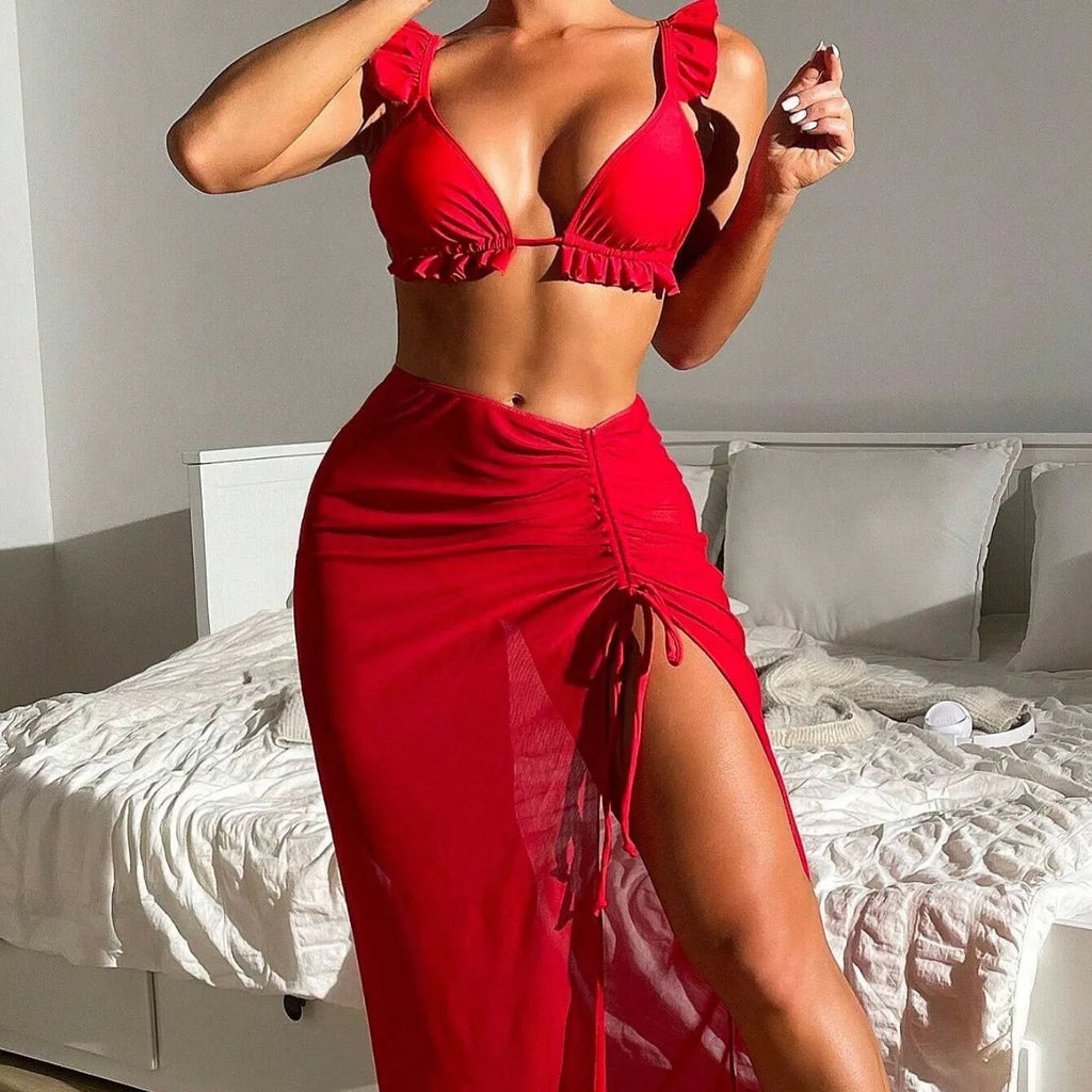 Women's printed split style bikini three-piece swimsuit set with skirt in multiple colour options.