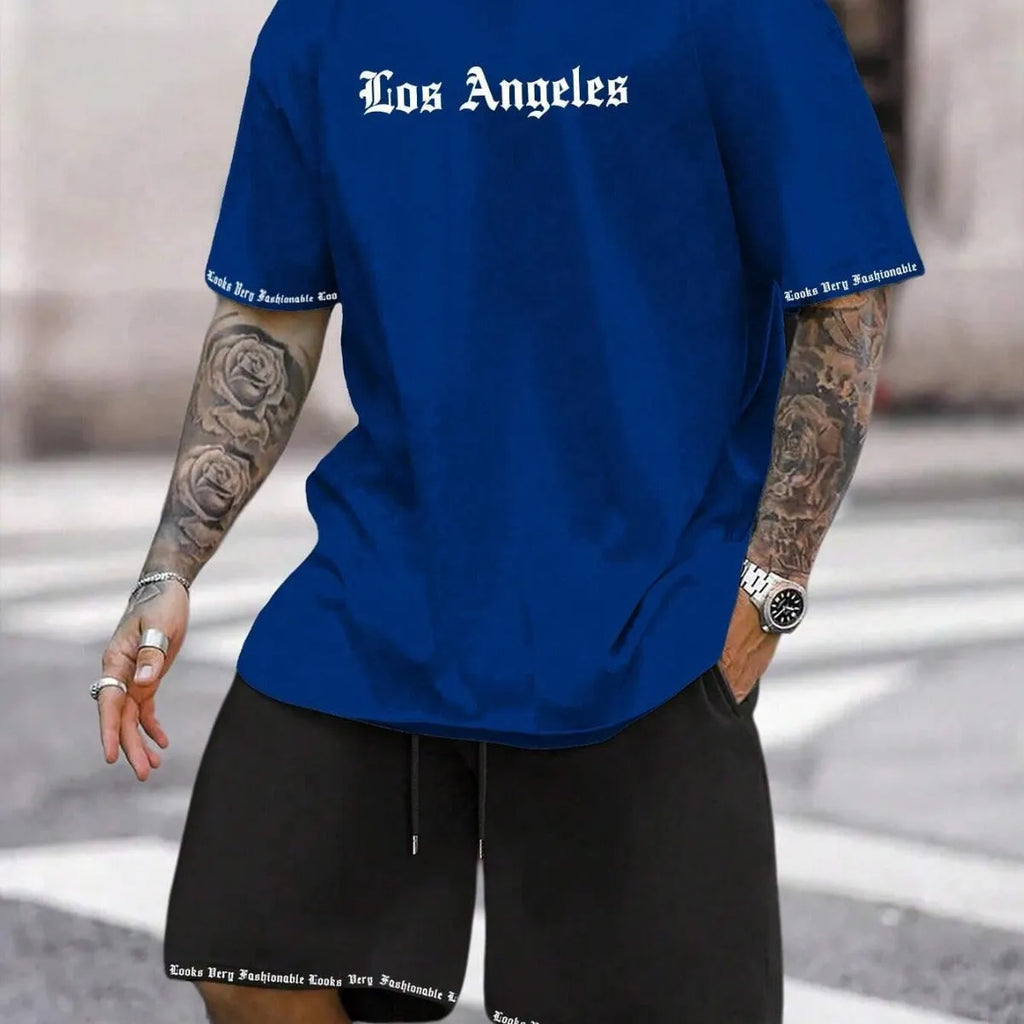 Men's printed sports shorts suit with short-sleeved top in multiple colour options