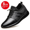 Men's black casual sneakers with a hidden height increase heel, shown in leather, mesh, and Lycra styles.