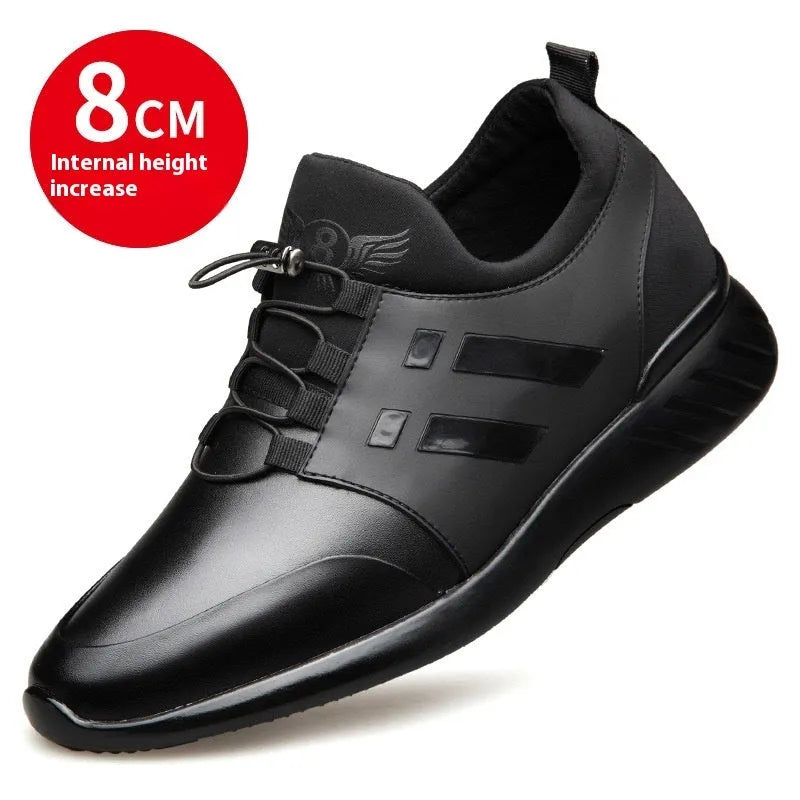 Men's black casual sneakers with a hidden height increase heel, shown in leather, mesh, and Lycra styles.