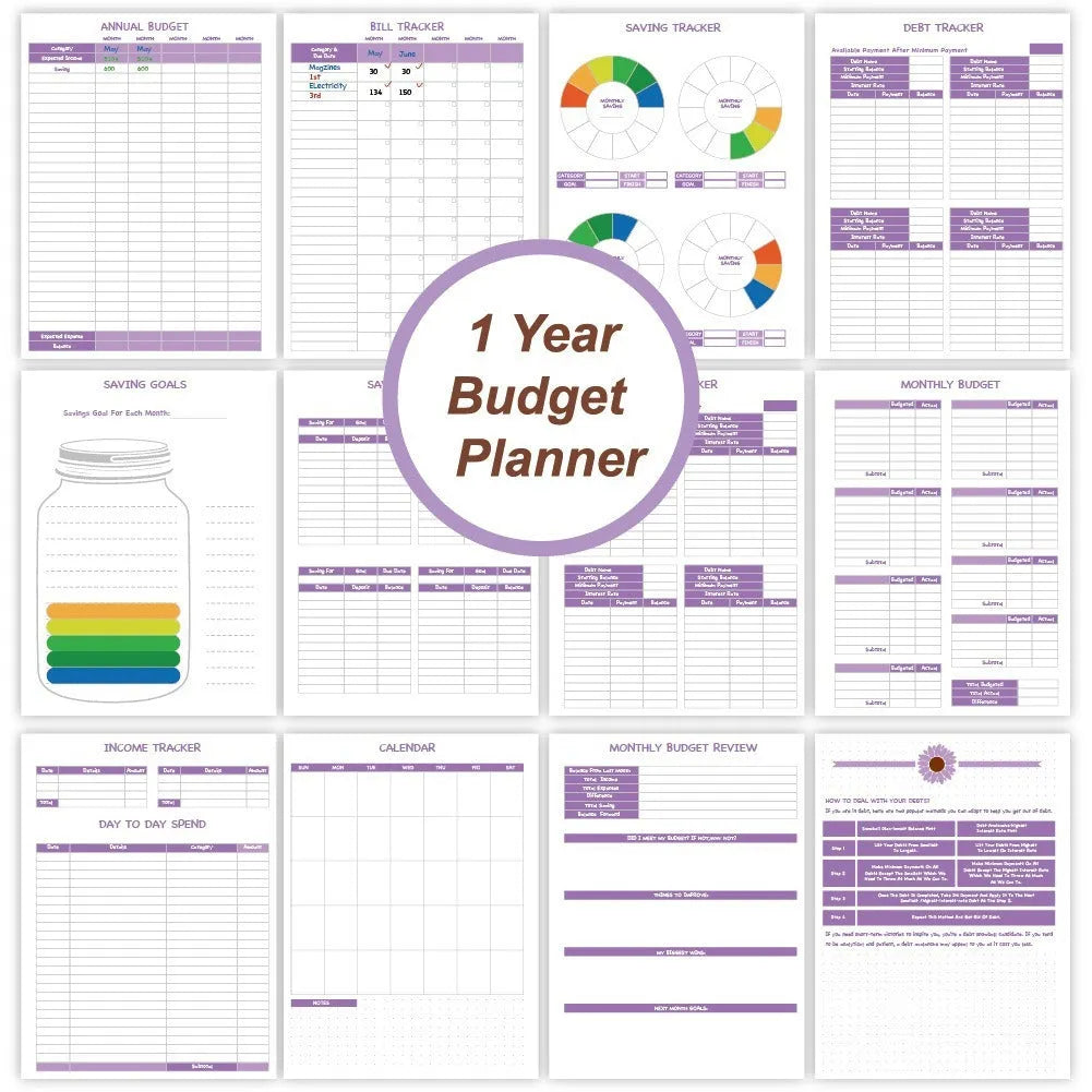Purple coil-bound financial planning notebook with budget stickers and paper clips on A5 page
