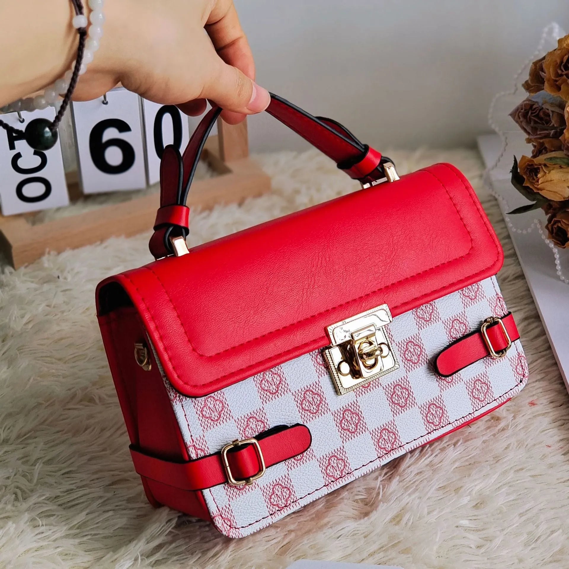 Retro ethnic crossbody bag with small square pattern and floral stitching in PU material