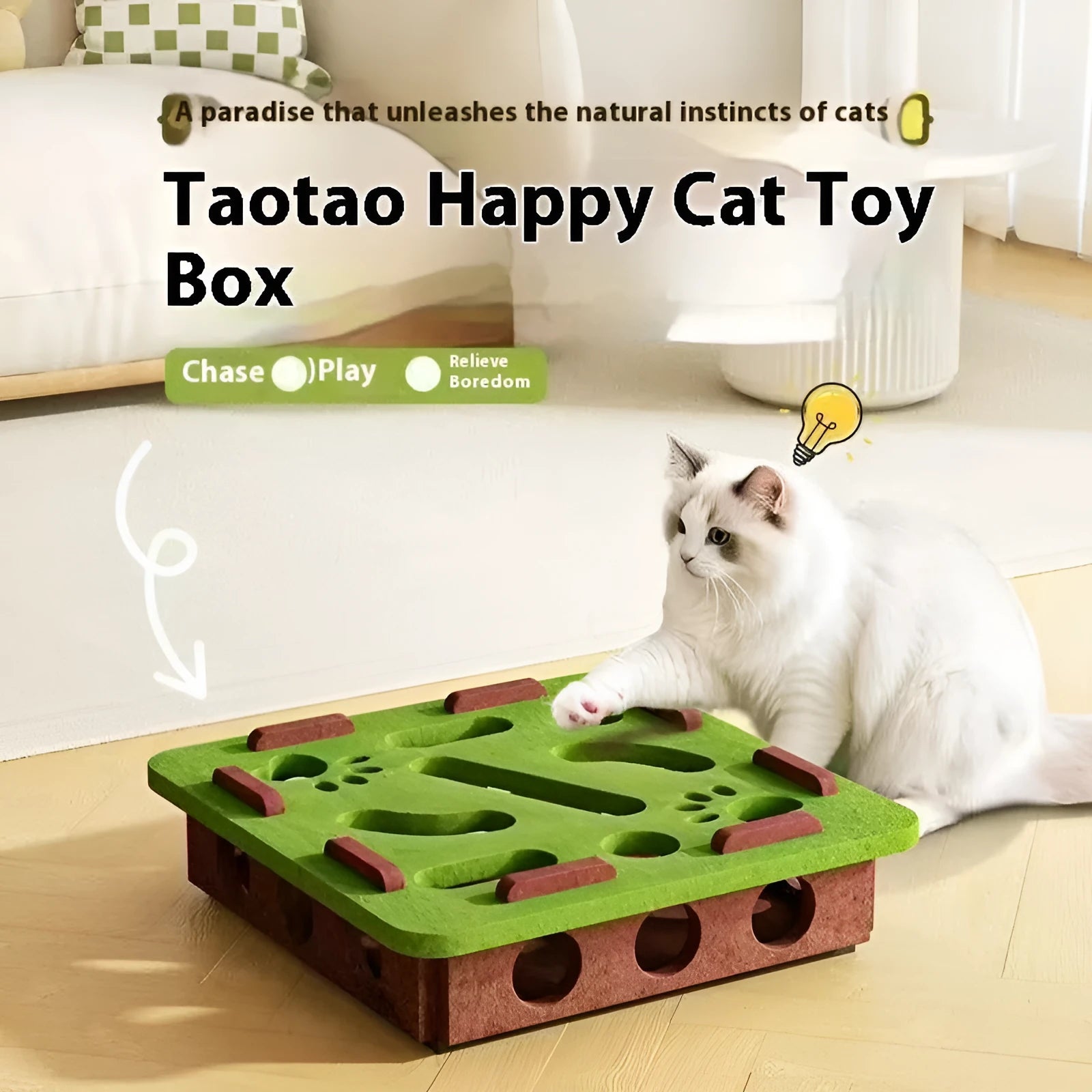 Green brown felt cat scratching box toy with hide-and-seek holes measuring 30x30x7.5cm