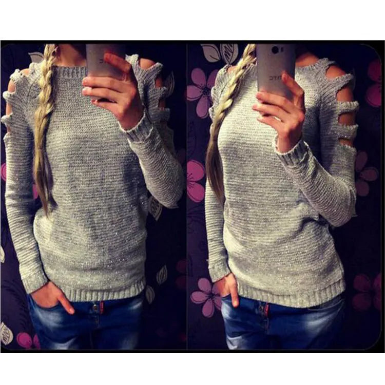 White women's knitted shirt with hollow-out crocheted pattern and long sleeves