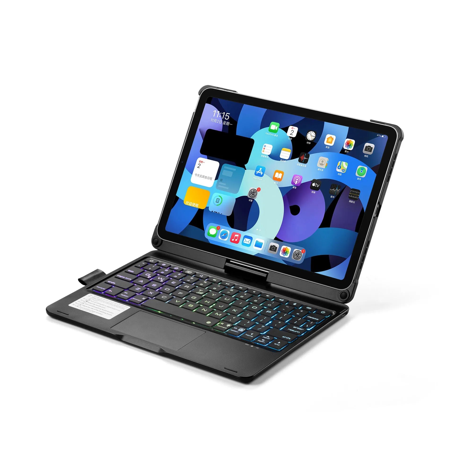 360-degree rotating Bluetooth keyboard with touch backlight for iPad Pro and Air models in black, rose gold, or silver