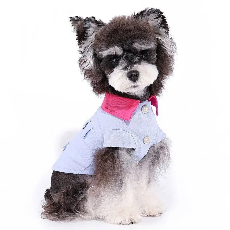 Blue and purple polyester summer vest for small dogs with integrated leash ring in seven precise sizes