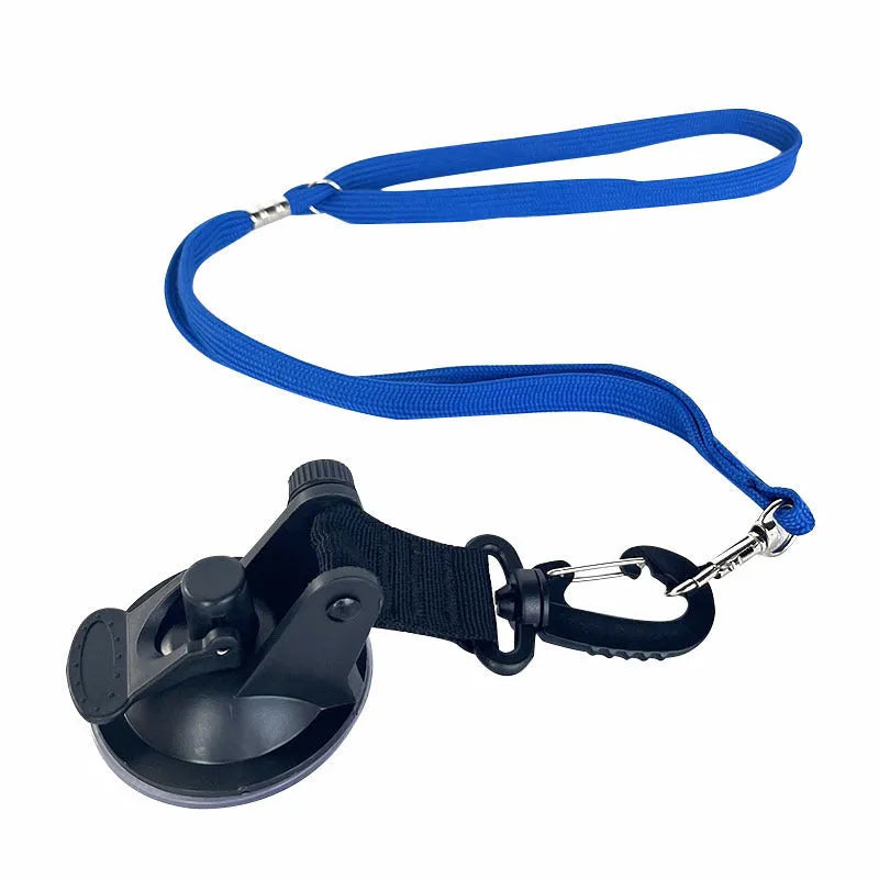 Black and blue pet bathing restraint with suction cup, rope, and anti-grab handcuffs shown in small and large sizes.