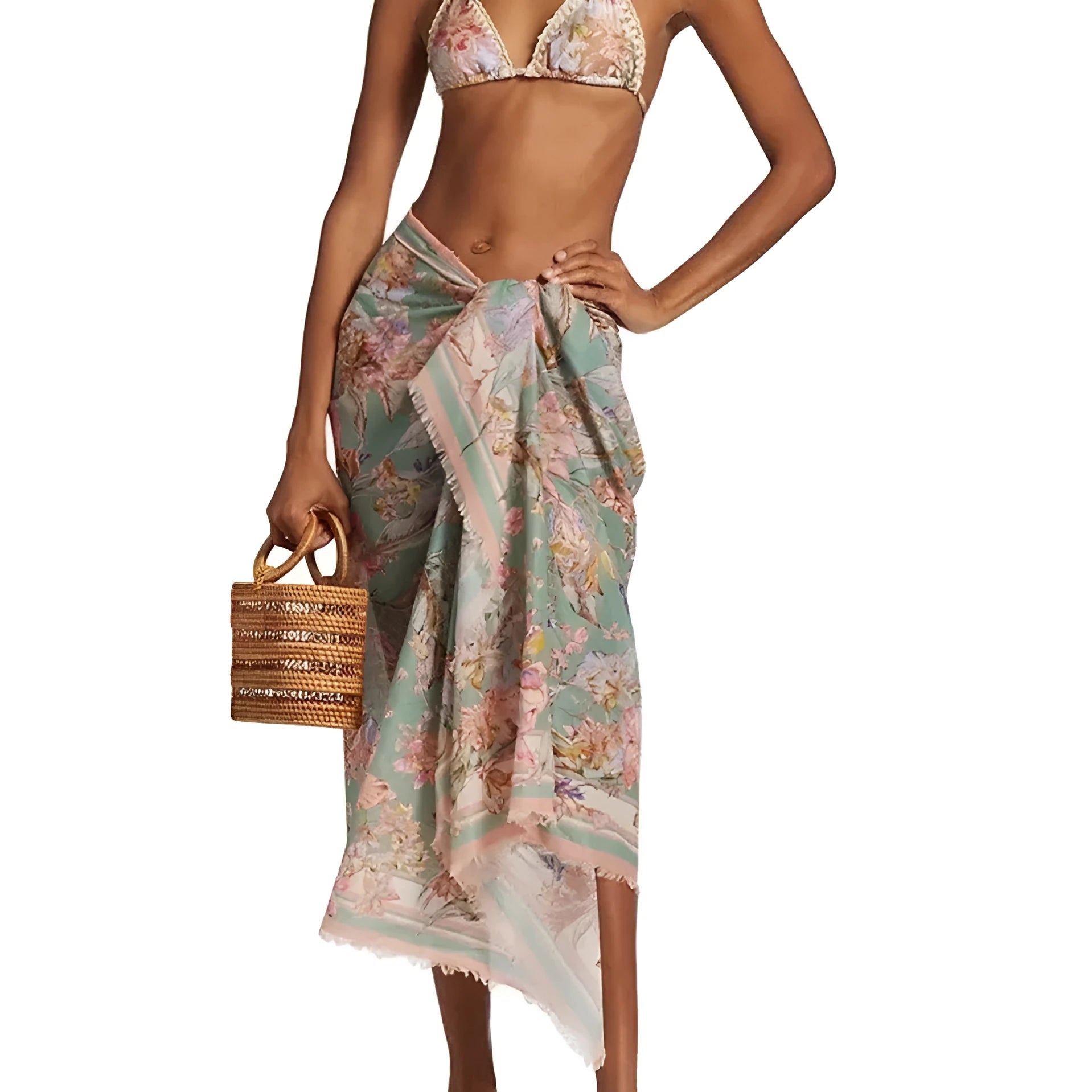 Women's creamy-white floral bikini set with removable skirt on size label