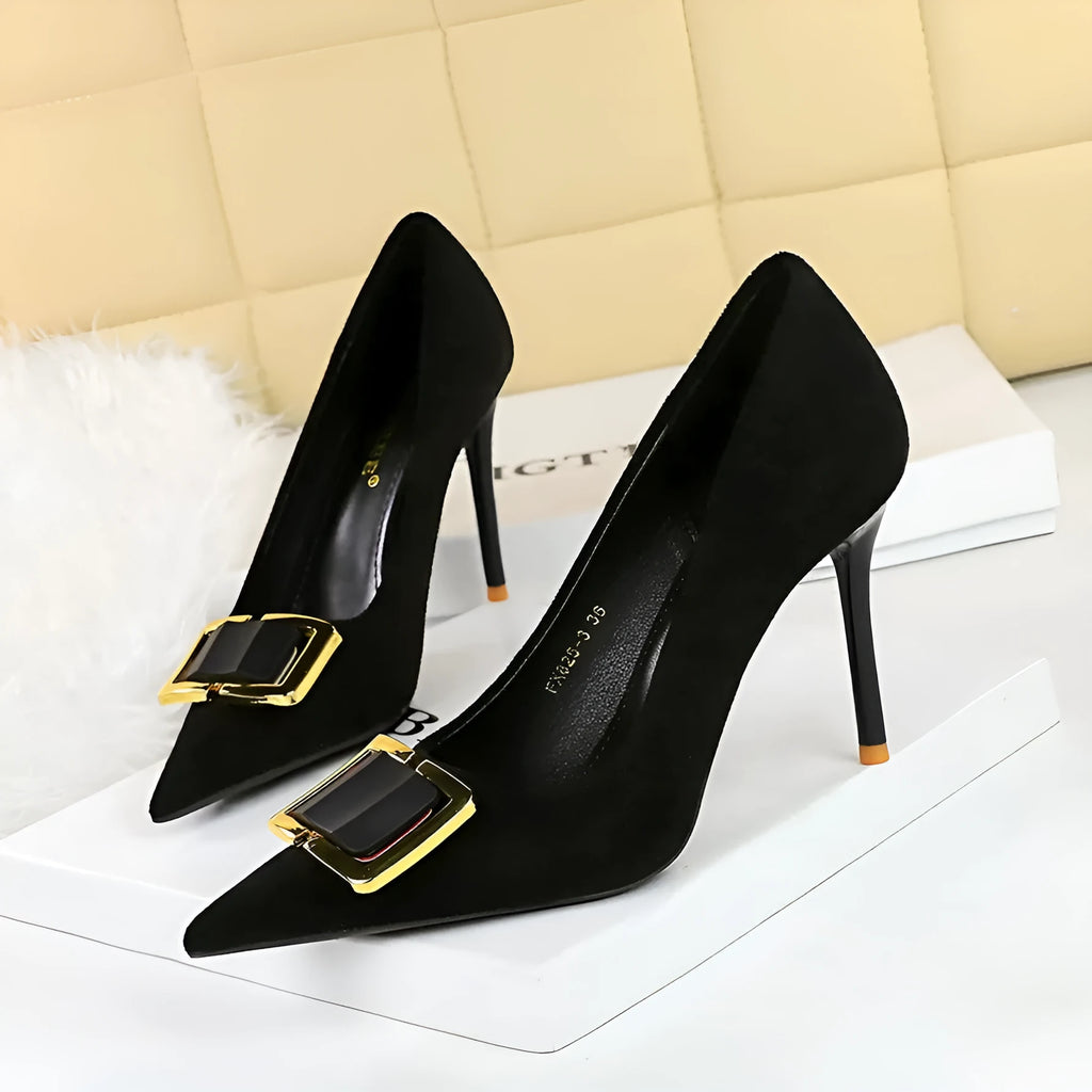 Black suede women's stiletto heels with 9cm heel height and pointed toe