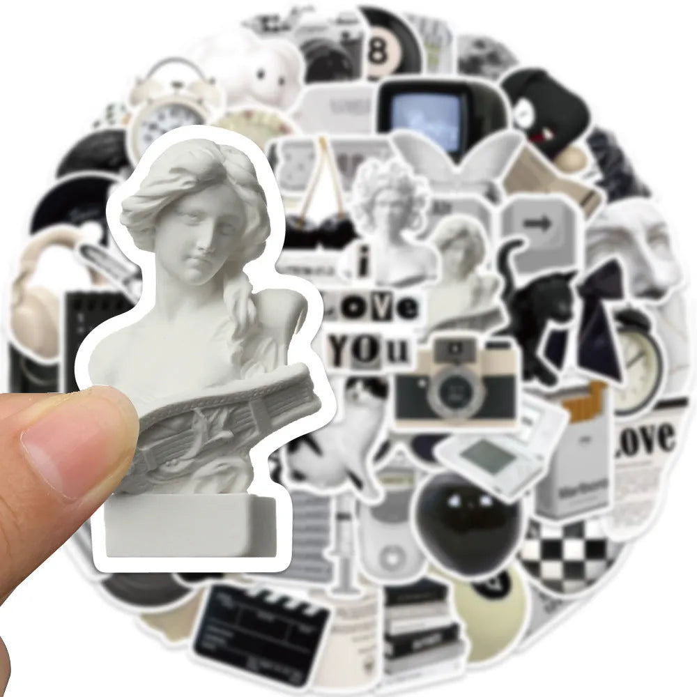 61 piece black and white waterproof PVC sticker set for multiple surfaces