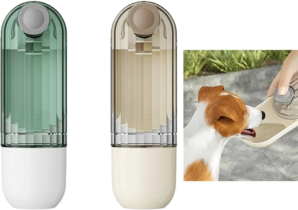 Beige and green foldable dog water bottle with food dispenser shown collapsed and open.