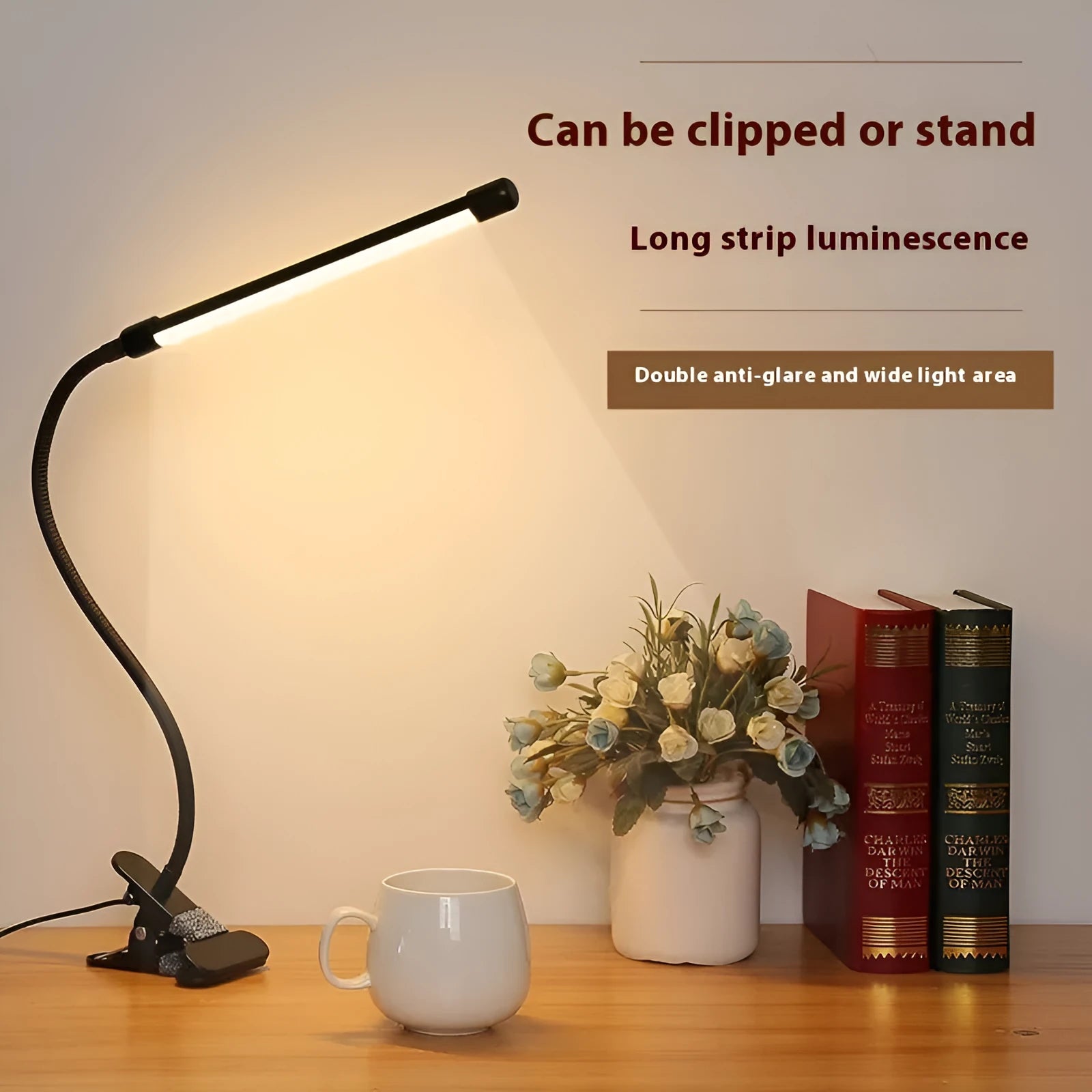 Black and white 26cm LED desk lamp with USB power cable for student study table