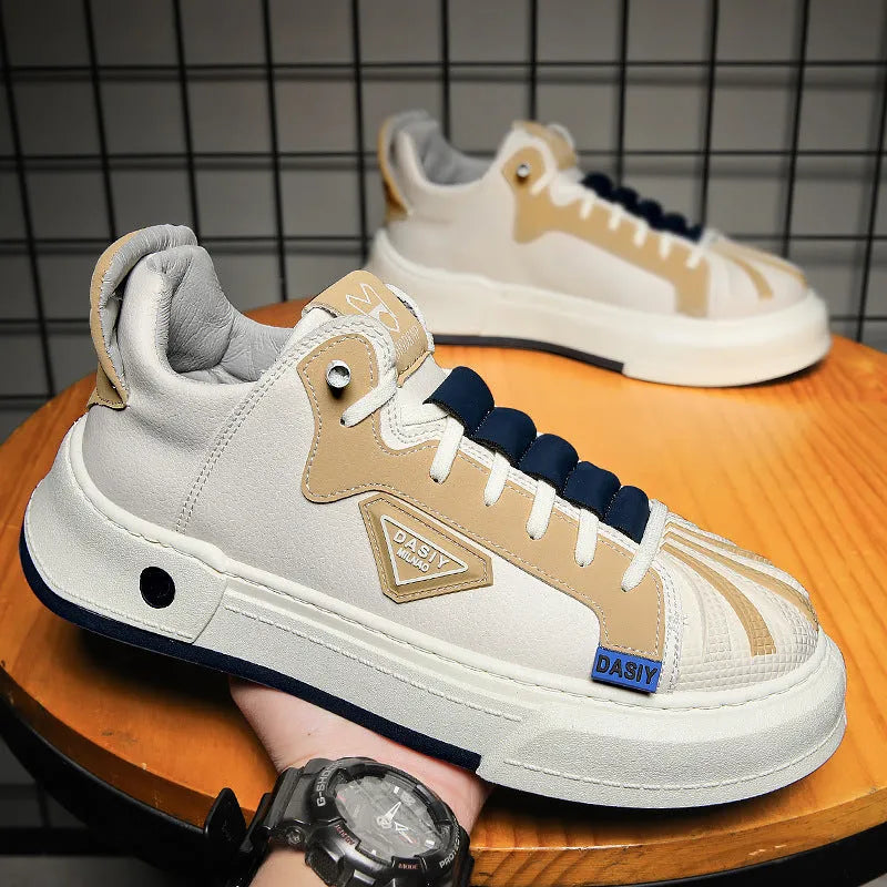 Men's beige low-top casual sneakers with elastic band closure and leather stitching details