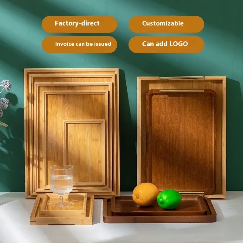 Brown handle bamboo serving tray with square shape and solid colour design
