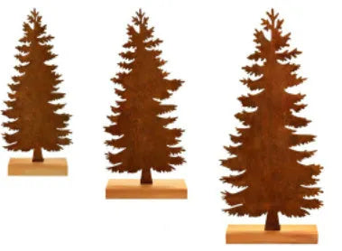 Set of three rusty metal Christmas tree decorations with elk silhouettes on a rustic surface.