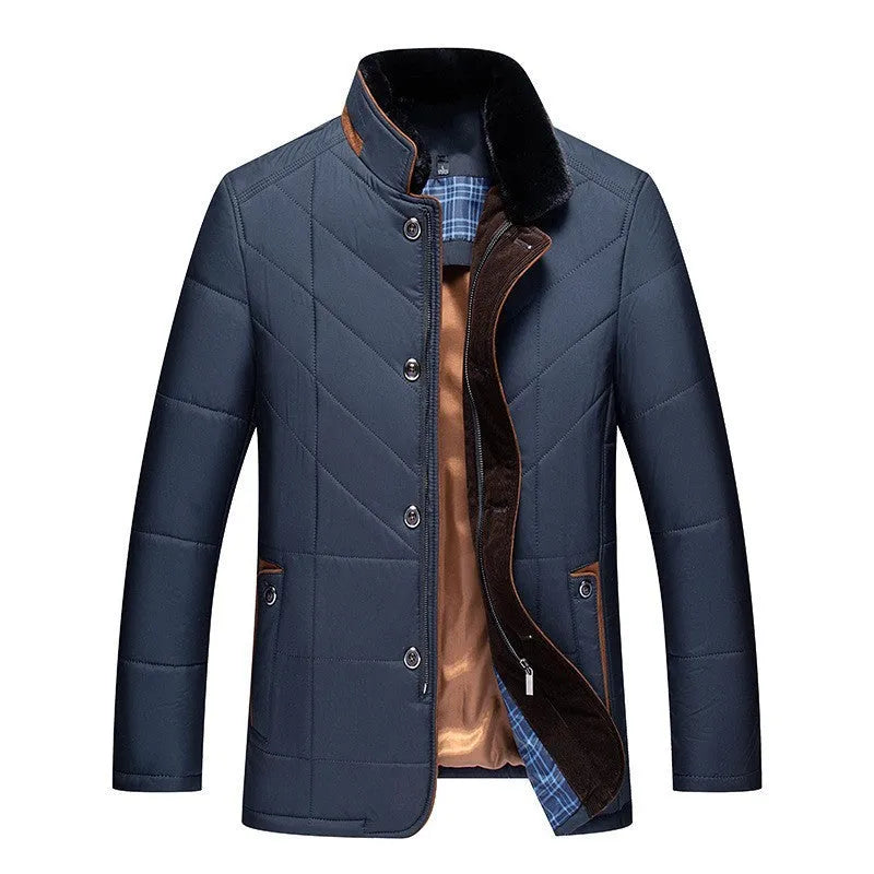 Dark blue men's short-length cotton-padded winter coat with side seam pockets on a hanger.