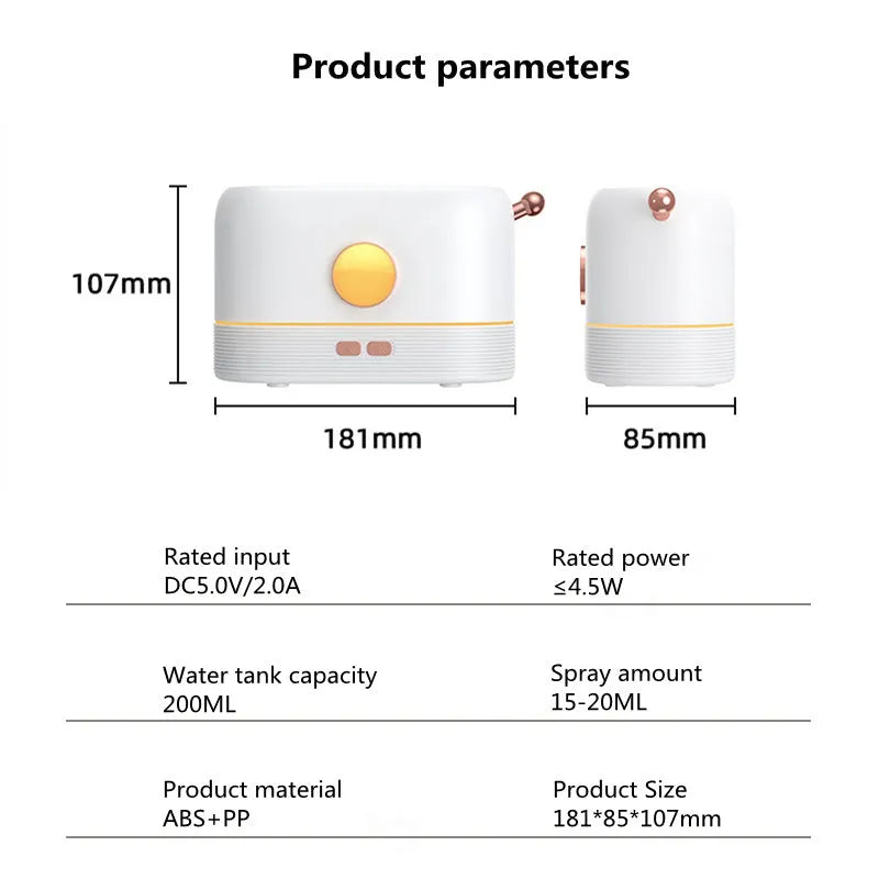 Black USB desktop humidifier with LED flame effect and transparent 200ml water tank