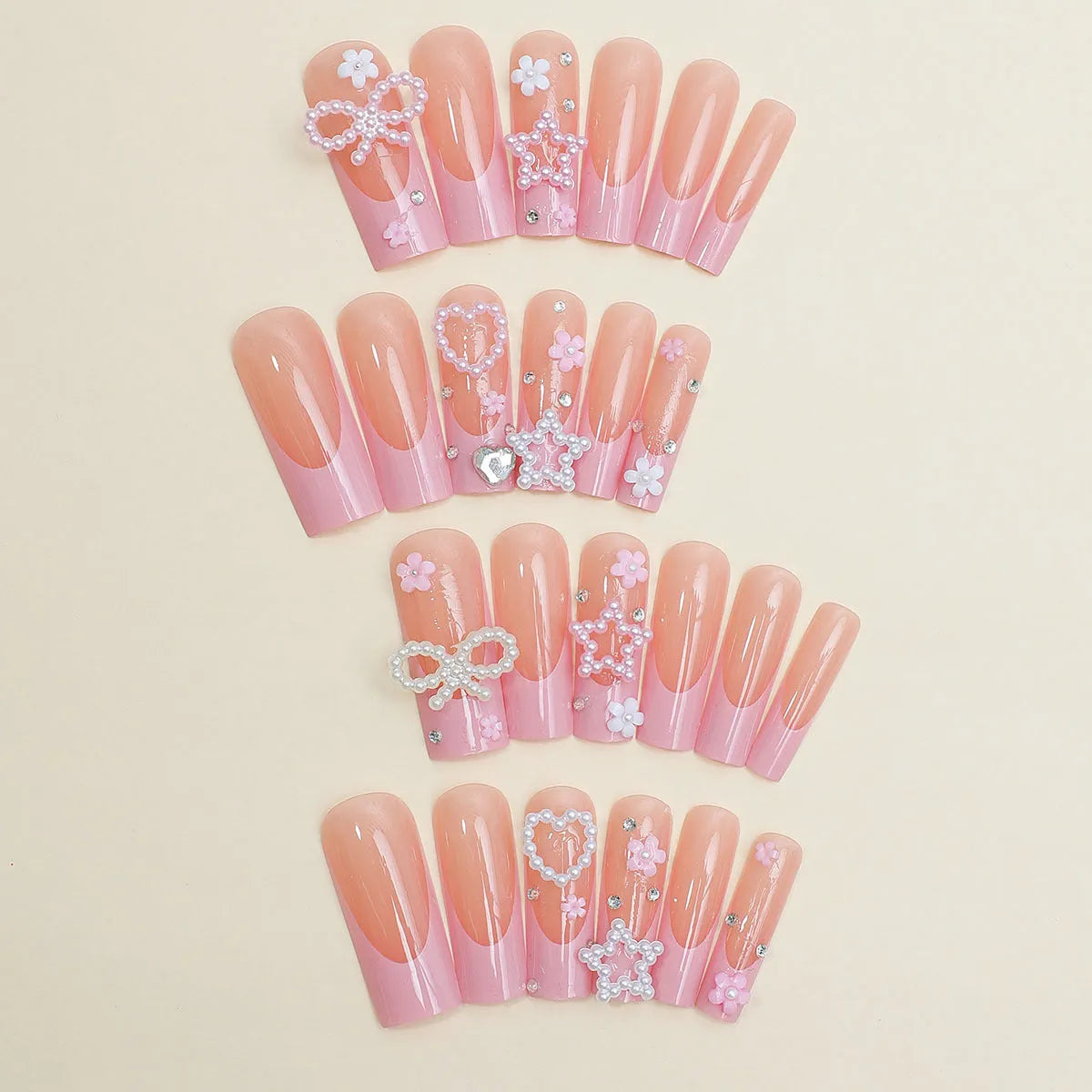 Super long water pipe French manicure nail stickers with spot drill bows and love pattern design