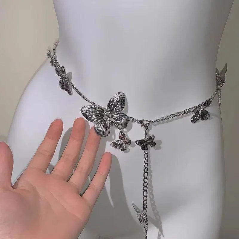 Gold or silver alloy waist chain belt with butterfly design measuring 104cm long and 40mm wide