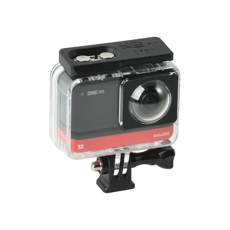 Transparent Insta360 One RS waterproof case showing dual lens openings and clear polycarbonate construction