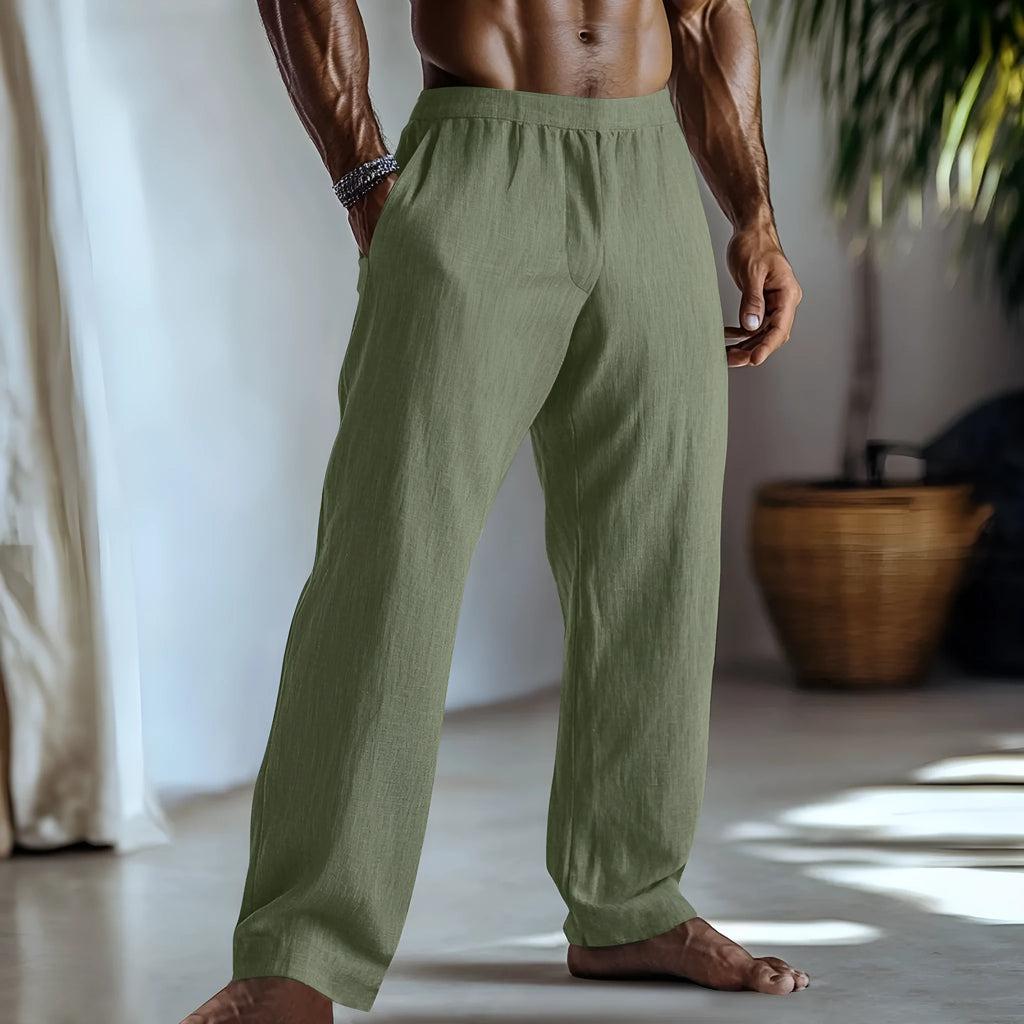 Cotton and linen straight-leg trousers in light green colour with multiple pockets and straight leg opening