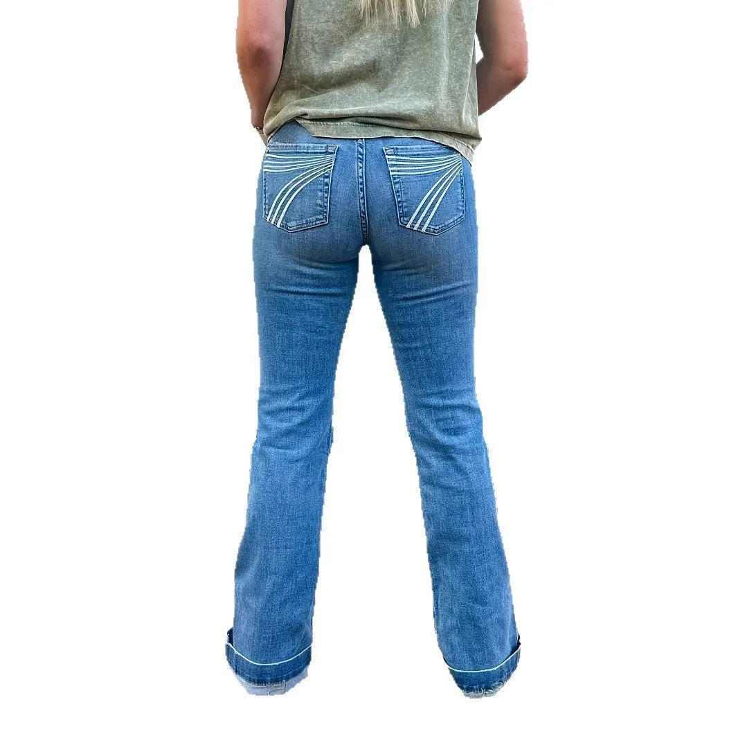 Slim fit jeans with mid-waist, slightly flared leg, and embroidered details in blue, red, or white colour variants