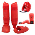 Red and blue martial arts protective gear set showing leg guards, helmet and boxing gloves for karate taekwondo training