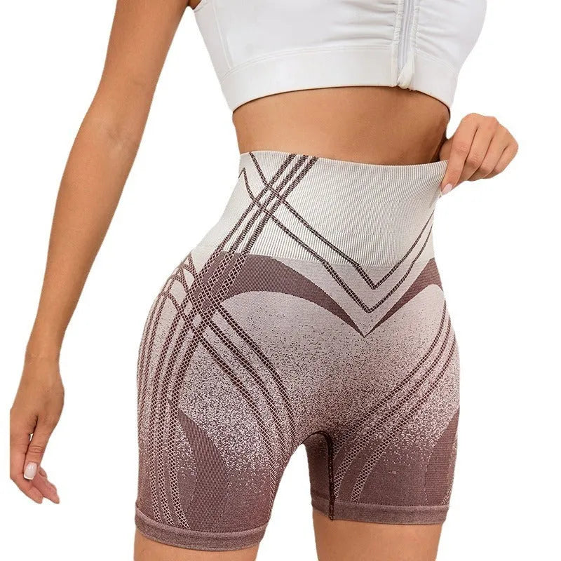 Women's black and brown gradient high-waisted fitness shorts for running and yoga