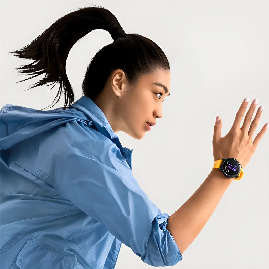 Dual-band GPS smart watch with 1.43-inch screen in black, white, or blue colour with silicone strap.