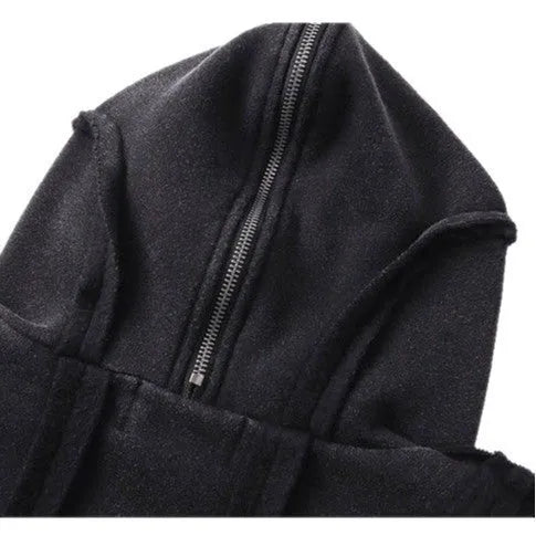 Black retro loose hooded cotton coat with padding and front zip.