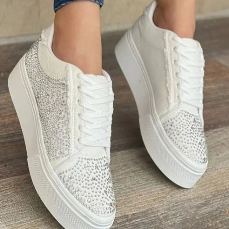 Women's black casual sports shoes with rhinestones, thick rubber sole, and front lace-up