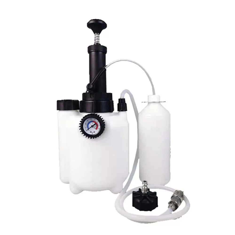 White 3-litre brake fluid bleeder kit with copper fittings and iron pump for car maintenance.